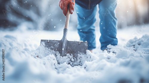 A person is mowing snow with a heavy shovel photo