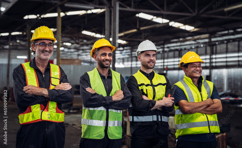 Portrait of Group of Team Mechanical Engineers at Factory Machines. Worker industry collaboration.. . Portrait of Group of Team Mechanical Engineers at Factory Machines. Worker industry collaboration.. .