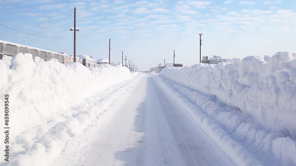 Obraz premium Road cleared from snow with massive snow plower