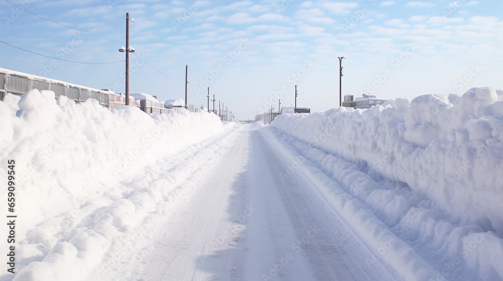 Road cleared from snow with massive snow plower