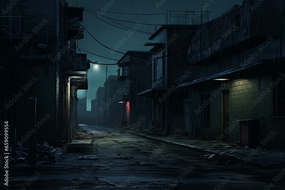 Eerie cityscape at night, with a dark alley in a neighborhood. Generative AI