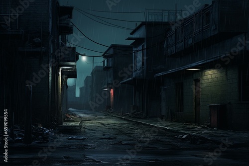 Eerie cityscape at night, with a dark alley in a neighborhood. Generative AI