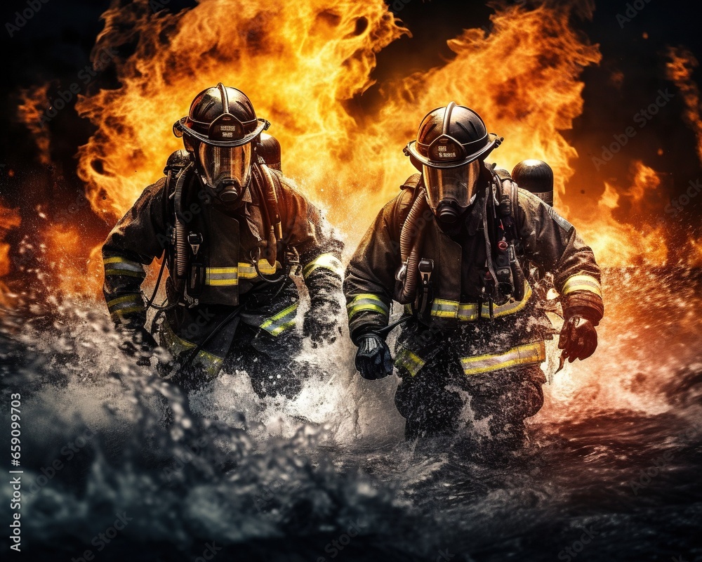 Firefighter teamwork is seen in action. Firefighter teamwork is seen in action.