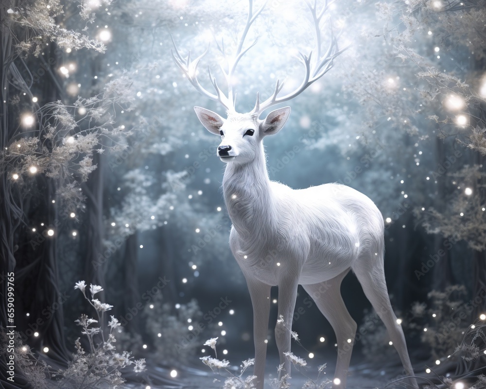 White deer in enchanted forest. White deer in enchanted forest.