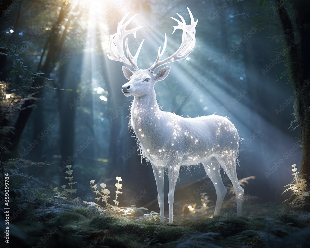 White deer in enchanted forest. - obrazy, fototapety, plakaty 