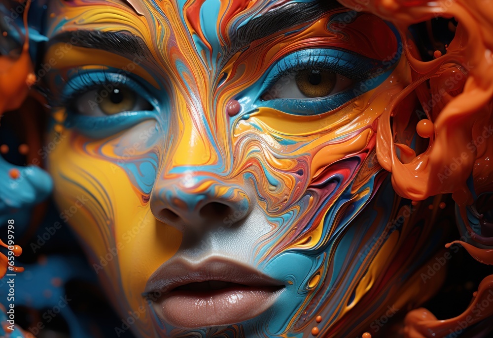 The girl's face is covered in colored paint stains. Inner turmoil: illusory hope.
