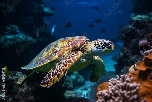 Colored coral backdrop as sea turtle swims in the ocean. Focus on animal and natural environment. Generative AI