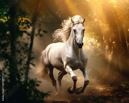 white horse is in an enchanted forest.
