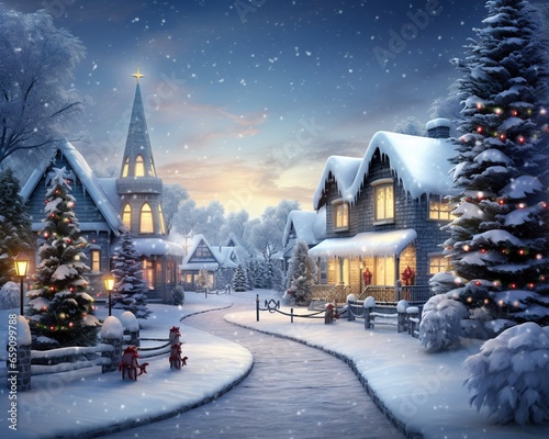 Houses decorated for Christmas are covered in snow.