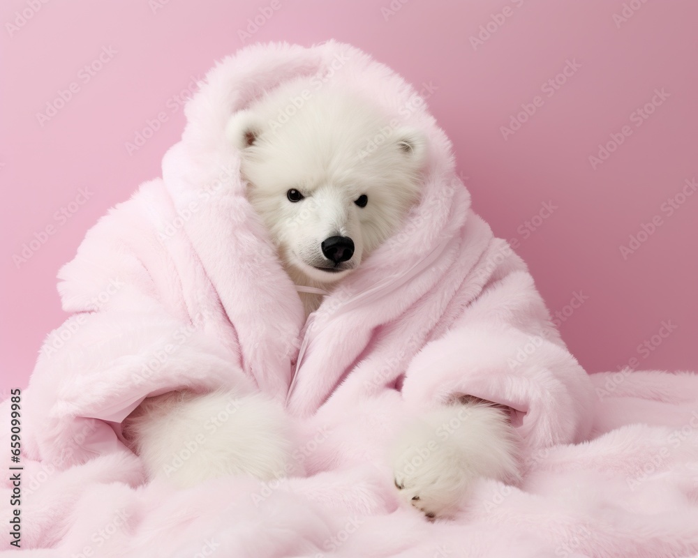 white teddy bear in a pink coat.