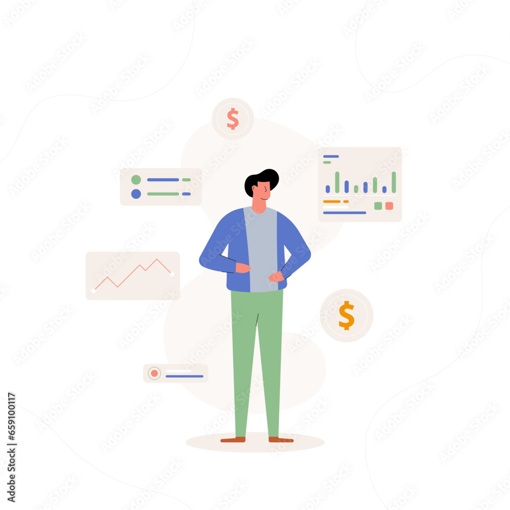 Financial technology concept with flat character using a dashboard for data analysis and investment. Vector illustration.