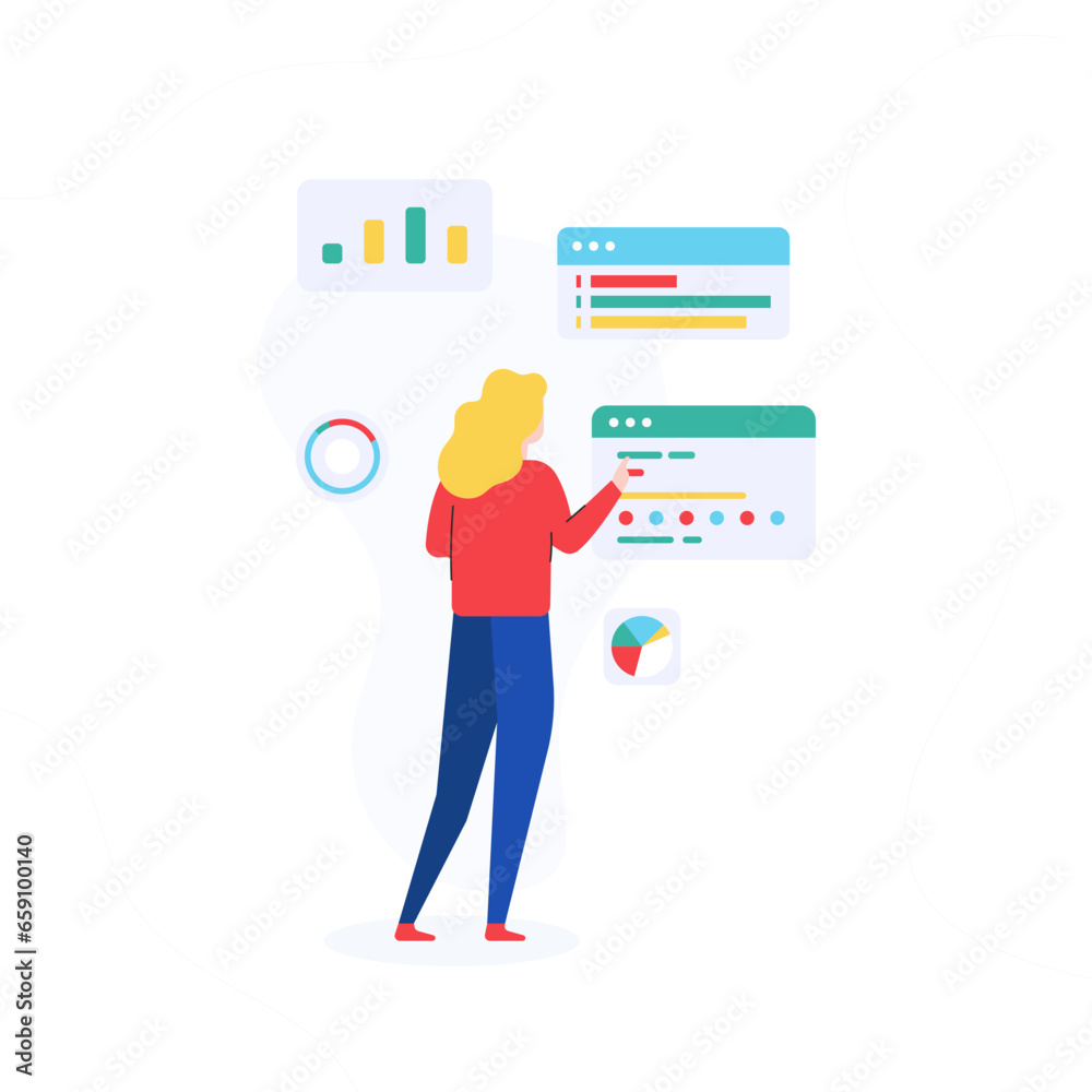 Financial technology concept with flat character using a dashboard for data analysis and investment. Vector illustration. Financial technology concept with flat character using a dashboard for data analysis and investment. Vector illustration.
