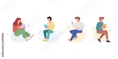 Young people using smartphones for online communication and social media interaction. Flat cartoon character illustration set.