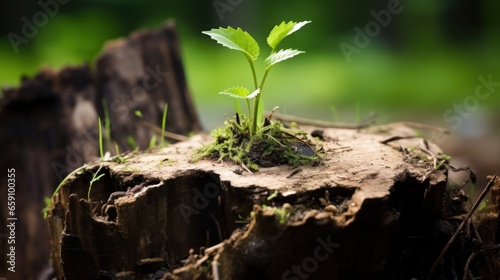 Young Seedling Emerging from Old Tree Stump