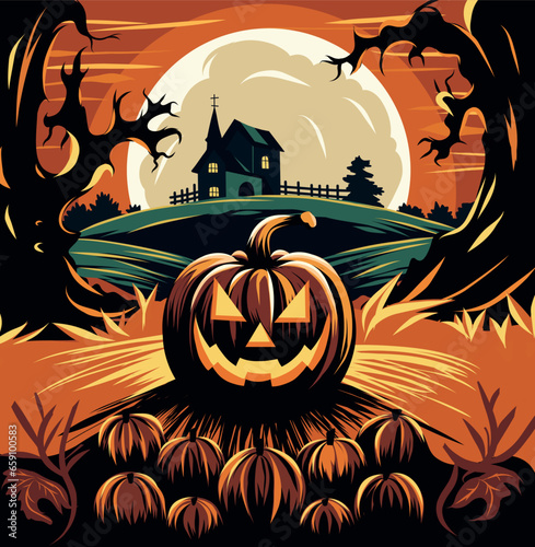 Vector banner for happy halloween party vector flat bright illustration in comics style pumpkin, house, cool illustration. halloween concept full moon in orange sky