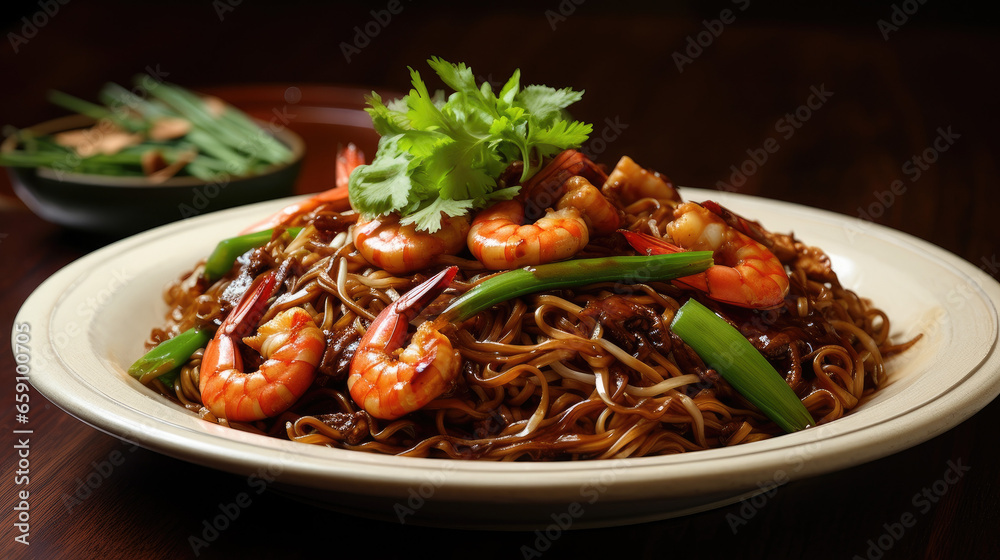 Asian style noodle with sweet sauce and shrimp Asian style noodle with sweet sauce and shrimp