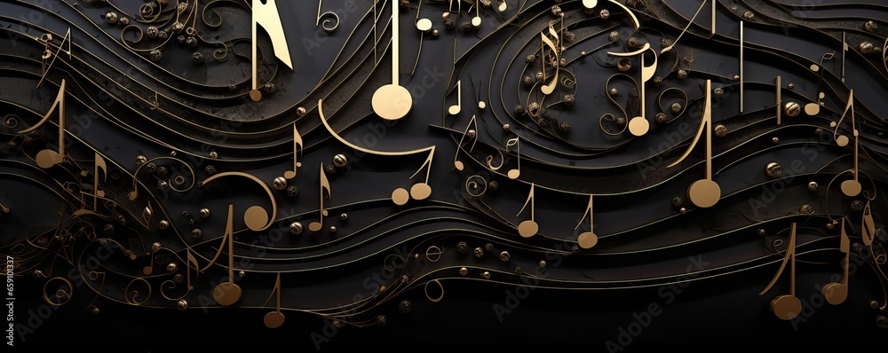 golden musical notes  on a black background,luxury 3d music notes background 