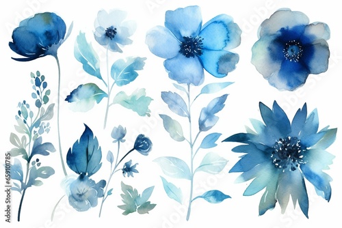 watercolor blue flowers. Generative AI