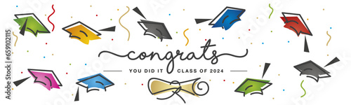 Congrats Class of 2024 handwritten typography. Hand drawn design with diploma colorful confetti and flying graduates caps. Congratulations graduates you did it line design on white background