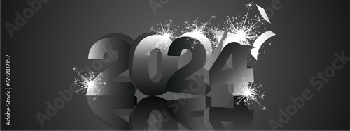 Happy New Year 2024, modern design, with 3D black exploding glitter fireworks 2024 and mirror shadow 2024 in the background