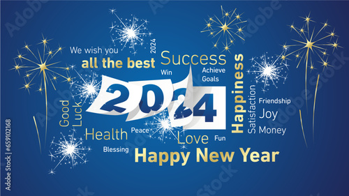 Happy New Year 2024 golden and white word cloud text with 2024 calendar sheets of paper and light glitter sparkle firework on blue background vector