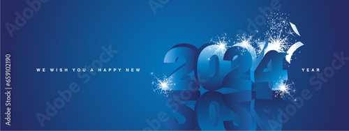 We wish you a Happy New Year 2024, modern design, with 3D blue exploding glitter sparkle fireworks 2024 and mirror shadow 2024 in blue background