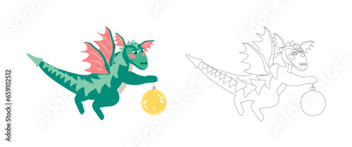 New Year s children s coloring book green winged dragon with a yellow Christmas ball. Vector cartoon illustration for children s books with coloring example