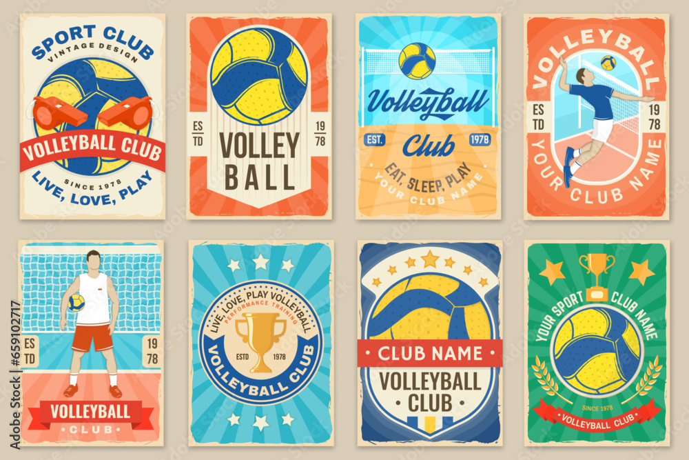 Set of Volleyball club retro poster, banner design. Vector illustration. For college league sport club emblem, sign, logo. Vintage retro poster, banner design with volleyball ball, player silhouettes.
