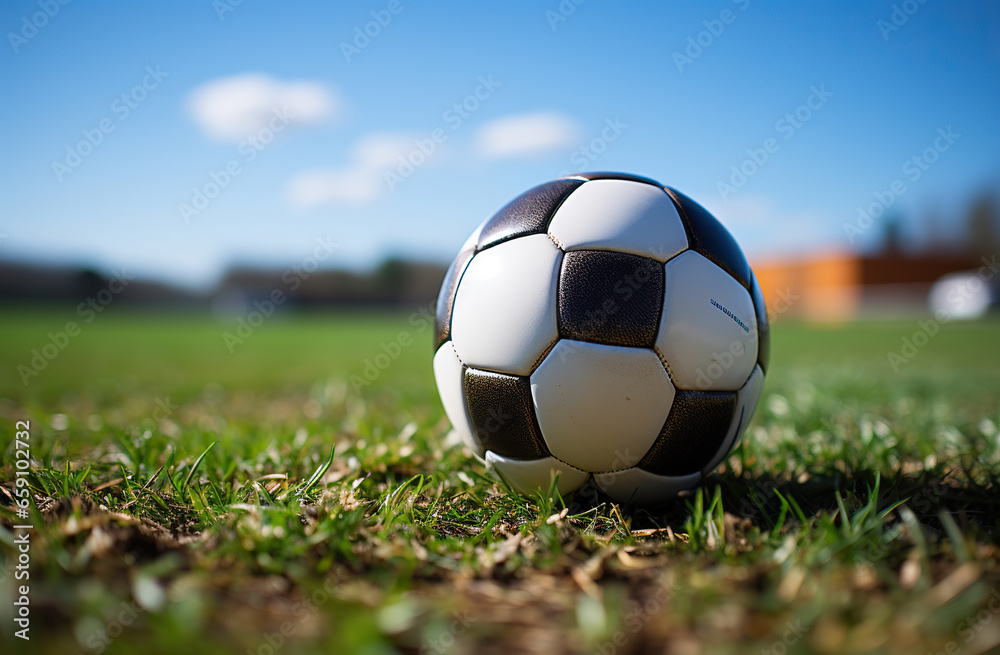 Obraz premium Sunlit Soccer Ball on a Vibrant Green Field,soccer ball on grass