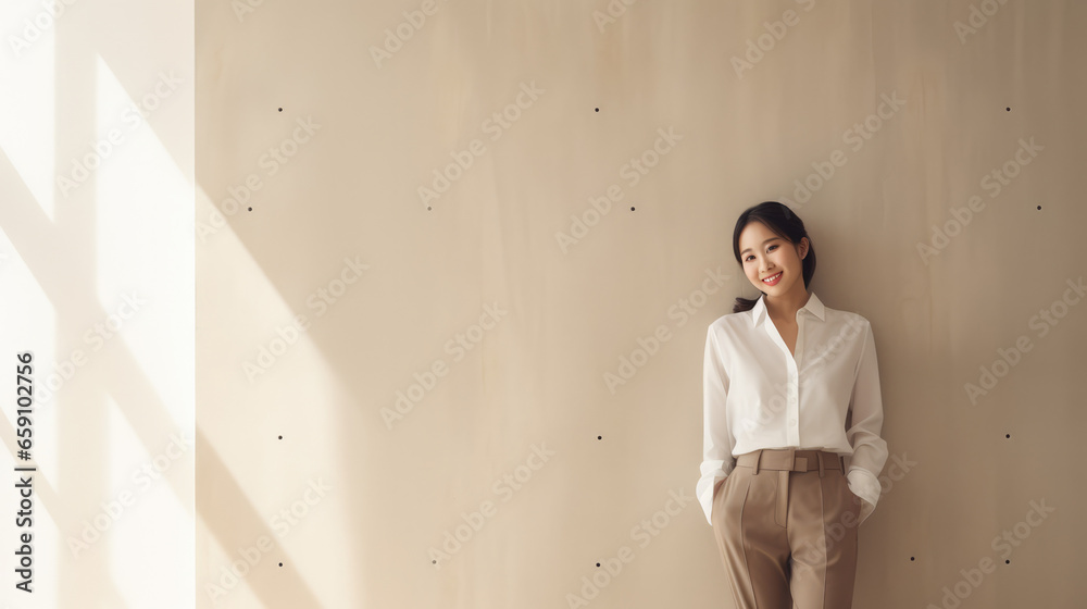 A Japanese professional woman in warm natural light in a minimalist setting represents professionalism and well-being.