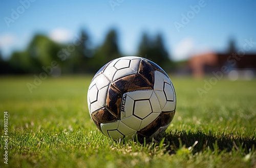 Sunlit Soccer Ball on a Vibrant Green Field,soccer ball on grass © nientsu