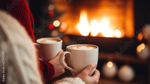 Two people holding warm cup of coffee in hands, fireplace and christmas light with decorations on background. High quality photo