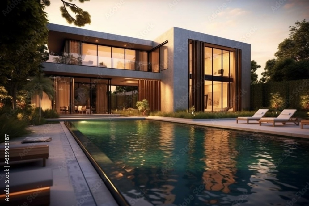 Stylish urban mansion featuring a pool and outdoor area perfect for relaxation and entertainment. Generative AI