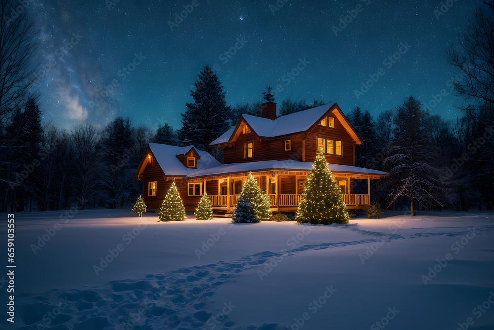 Verschneites Haus im Mondschein an Weihnachten.  KI Generated - obrazy, fototapety, plakaty 