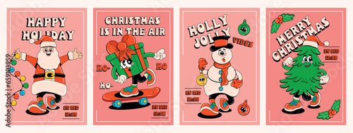 Cartoon groovy faces with different emotions, arms and legs, walking poses. Happy New Year mascot Santa, snowman, New Year tree, garlands, gift. Christmas vintage characters.Modern vector illustration