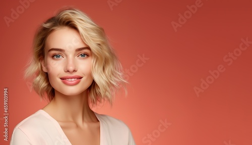 Portrait of young happy woman with blond hairstyles. Skin care beauty, skincare cosmetics, dental concept isolated over light red background.