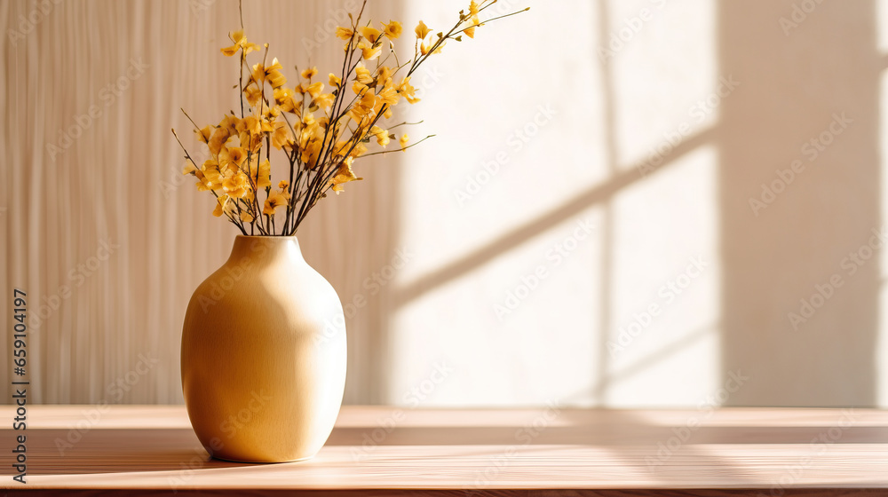 Beige wooden table with yellow vase in the sunlight. Home interior. Apartments background with space for text Beige wooden table with yellow vase in the sunlight. Home interior. Apartments background with space for text