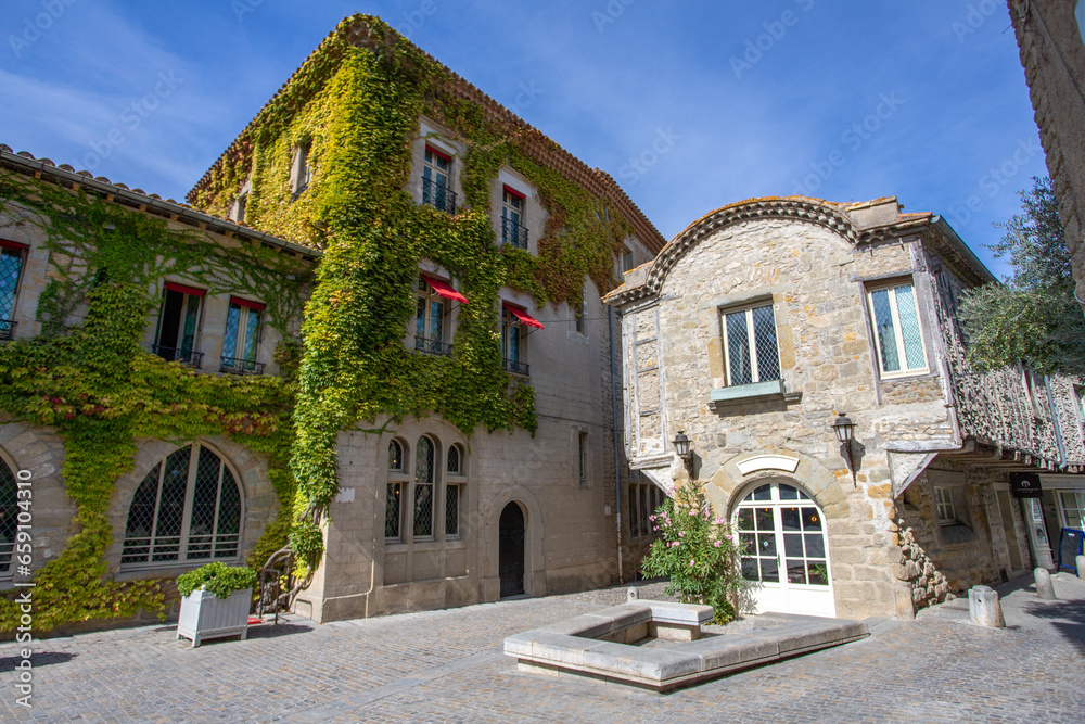 A beautiful old house with plants growing on the wall in Carcassonne France A beautiful old house with plants growing on the wall in Carcassonne France