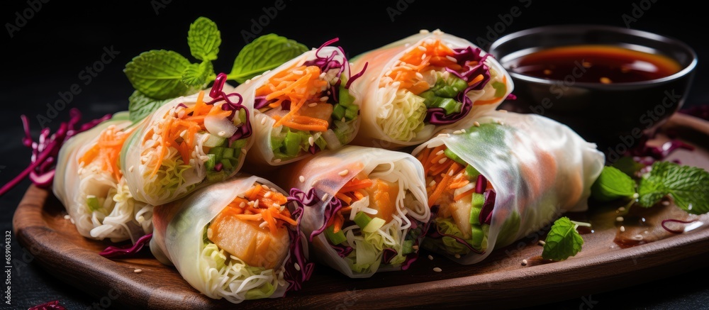 Vegan Vietnamese spring rolls with spicy sauce vegetables and rice noodles Delicious and presentation ready Vegan Vietnamese spring rolls with spicy sauce vegetables and rice noodles Delicious and presentation ready