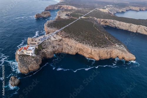 Saint Vincent Cape and Lighthouse, Portugal. Aerial drone view at sunset