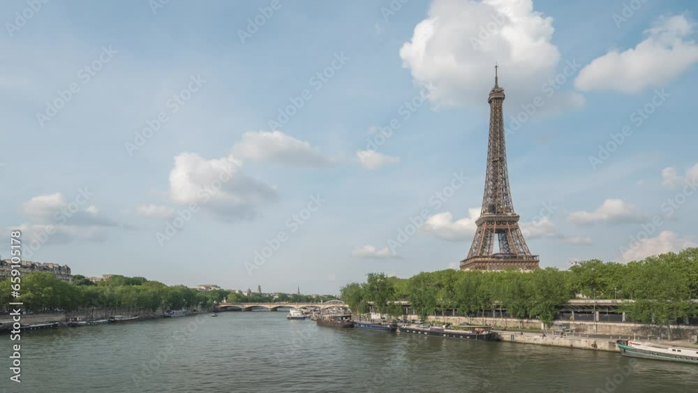 Paris France time lapse, city skyline timelapse at Eiffel Tower and Seine River