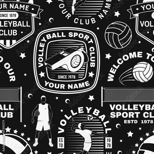 Set of volleyball sport club seamless pattern. Vector illustration. Concept for sport pattern background or wallpaper with volleyball ball  player  net and referee whistle silhouettes.