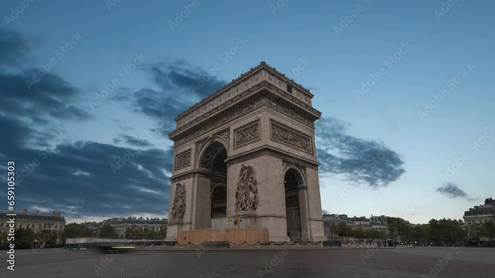 Paris France time lapse, city skyline night to day timelapse at Arc de Triomphe and Champs Elysees Paris France time lapse, city skyline night to day timelapse at Arc de Triomphe and Champs Elysees