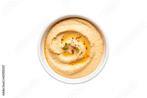 Hummus in bowl on transparent background, top view PNG transparent