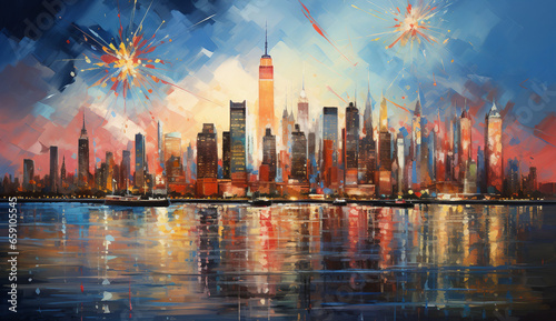 Abstract New York Skyline with Colorful Fireworks - Celebrating 2024's New Year in Vibrant Art © NE97