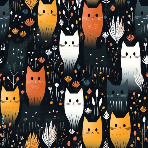 Cute Seamless Cat Pattern Design - Childish Hand Drawn Style Kitten Pattern Background. Generate AI
