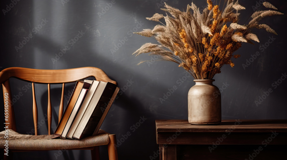 Books and vase with dried flowers on wooden chair in living room Books and vase with dried flowers on wooden chair in living room