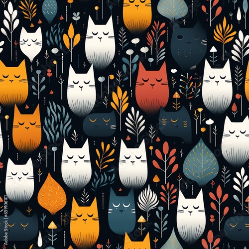 Cute Seamless Cat Pattern Design - Childish Hand Drawn Style Kitten Pattern Background. Generate AI