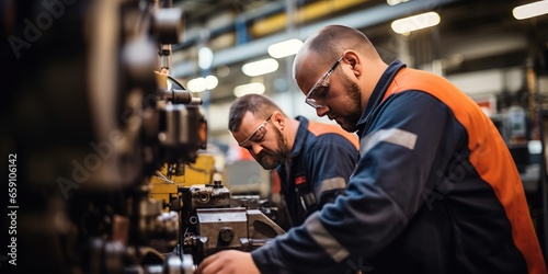 Photo of a male workers checking quality of mechanisms at a large machine-building enterprise. Mechanical engineering, as one of the most important components of independence of the country's economy. photo