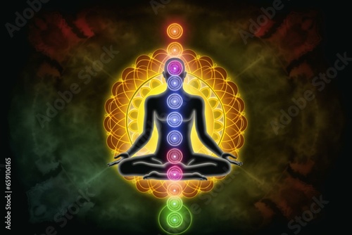 Graphic depiction of lotus position. Power of 7 chakras. Generative AI